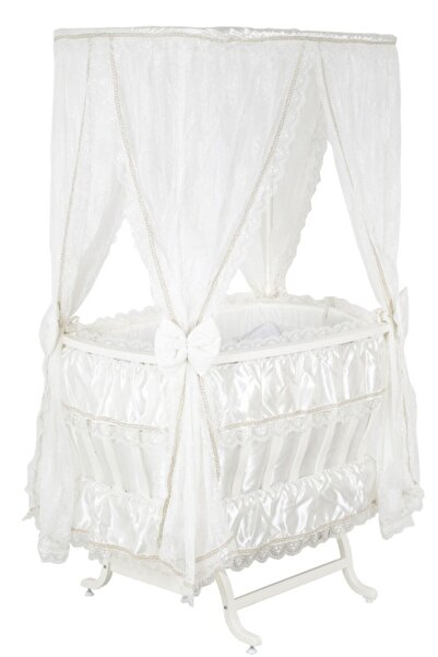 Setay Mdf Beşik, Hacegan Sallanan Beşik Uyku Seti Cibinlik - Krem