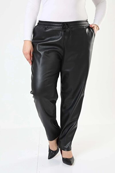 Tesettür Diyarı Beli Lastikli İçi Polarlı Yüksek Bel Dar Paça Deri Pantolon