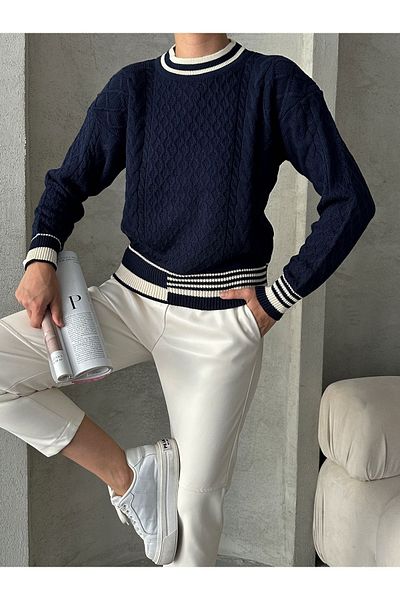 BEJNA Marineblauer Strickpullover – Strick- und Paspeldetails