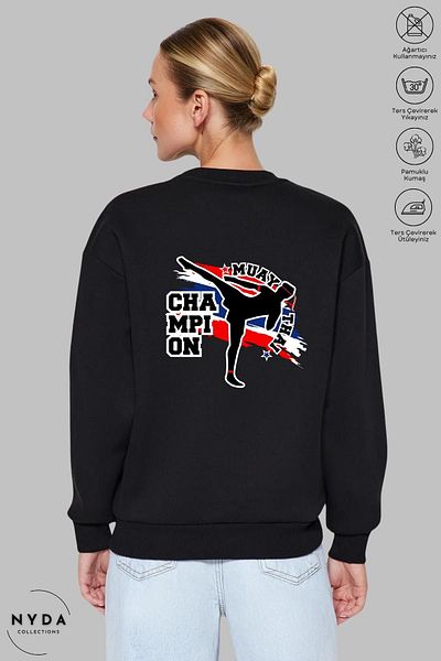 Nyda Collections Hanorac oversize unisex cu imprimeu Muay Thai - mânecă lungă, decolteu, fără glugă, înălțat, bumbac