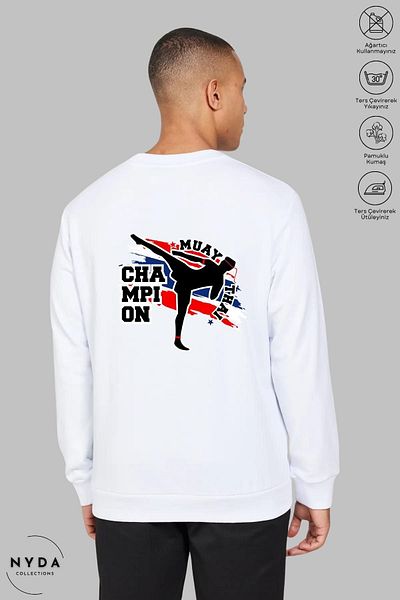 Nyda Collections Hanorac oversize unisex cu imprimeu Muay Thai - mânecă lungă, decolteu, fără glugă, înălțat, bumbac
