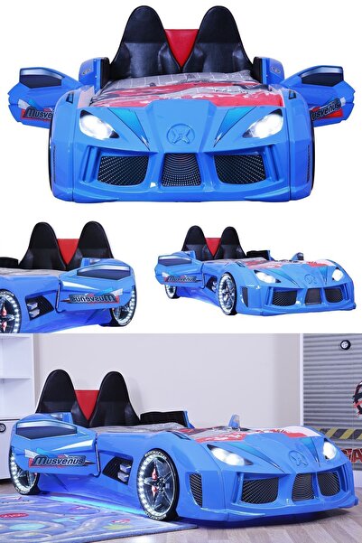 Setay Arabalı Yatak, Audi Kapıları Açılabilen Koltuklu Full Ledli Arabalı Yatak - Mavi