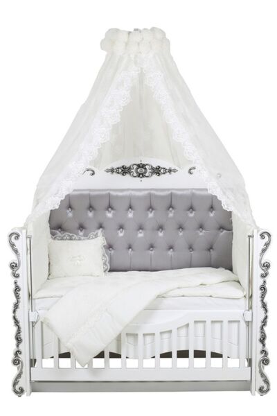 Setay Mdf Beşik, Payitaht Kapitoneli Anne Yanı Beşik Uyku Seti Cibinlik - Gri