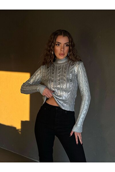 Panku Bizu Design Store Metallico Parlak Varaklı Saç Örgüsü Triko Kazak Metalik Gümüş