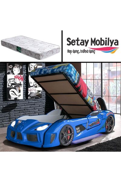 Setay Arabalı Yatak, Audi Bazalı Koltuklu Full Ledli Arabalı Yatak - Mavi 1 Adet Comfort Yatak