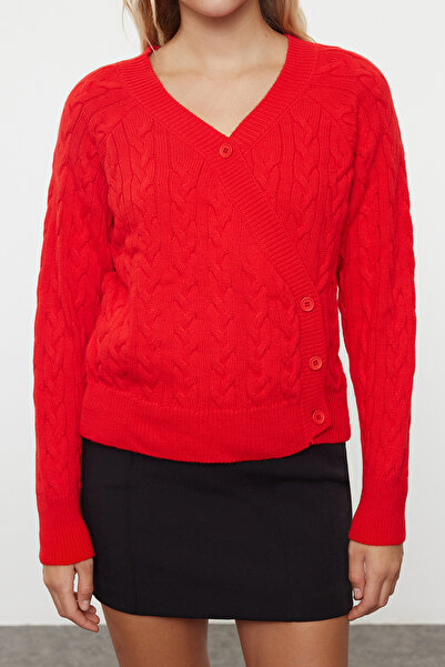 Trendyol Collection Asymetryczny czerwony kardigan dzianinowy - detal z guzikami, TWOAW25HI00012