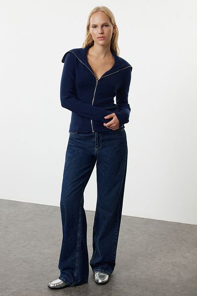 Trendyol Collection Navy Blue Zippered Premium Yarn/Special Yarn Fitted/Body Hugging Knitwear Cardigan Twoaw25Hi00036