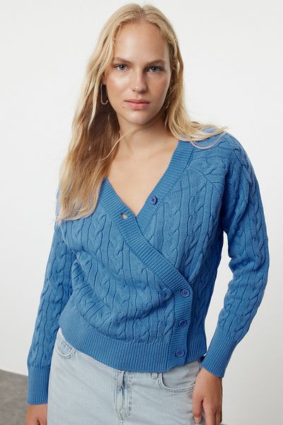Trendyol Collection Cardigan tricot asimetric - albastru cu detaliu nasturi TWOAW25HI00012