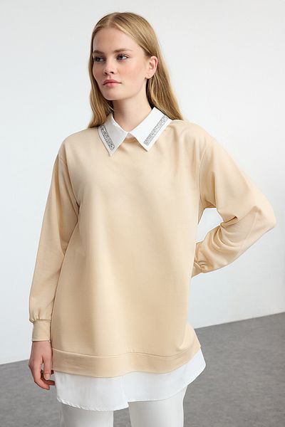 Trendyol Modest Gestrickte beige Tunika - Hemddetail, TCTAW25UK00006