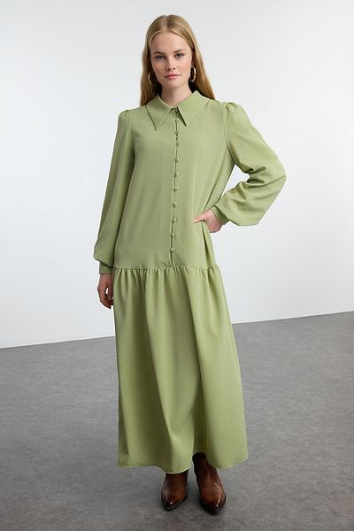 Trendyol Modest Χακί φούστα με βολάν με κουμπιά υφαντό φόρεμα TCTAW25EB00103