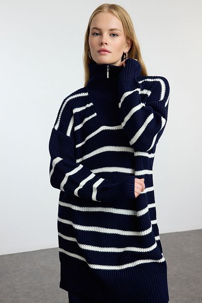 Trendyol Modest Navy Blue Thessaloniki Striped Knitwear Set - Zipper Detailed Tctaw24us00058