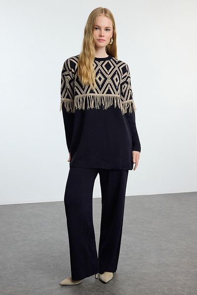 Trendyol Modest Geometric Patterned Navy Blue Knitwear Set - Tassel Detailed, Top and Bottom Set TCTAW25US00086