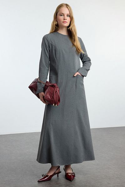 Trendyol Modest Antracit szőtt ruha - zsebrészlet, TCTAW25EB00108