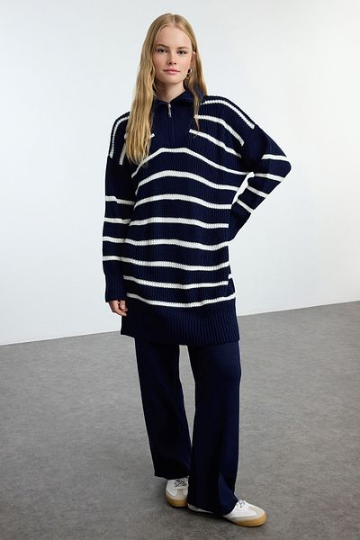 Trendyol Modest Navy Blue Thessaloniki Striped Knitwear Set - Zipper Detailed Tctaw24us00058