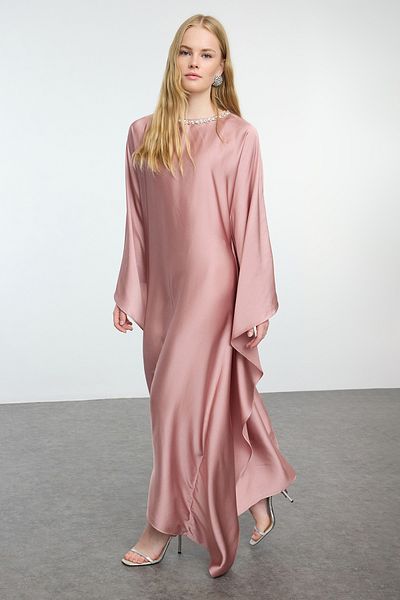 Trendyol Modest Abendkleid aus Satingewebe mit getrockneten Rosen - Tctaw25Db00007 mit Stein-Accessoires