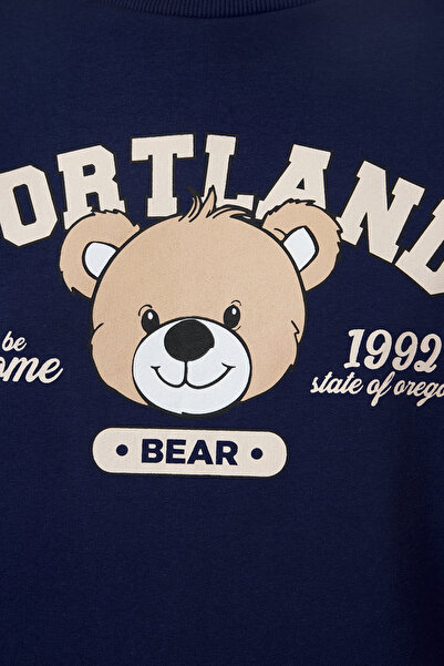 Trendyol Collection Silná pletená mikina – námořnická modř s potiskem, Crew Neck, Wide Fit TWOAW25sw00017