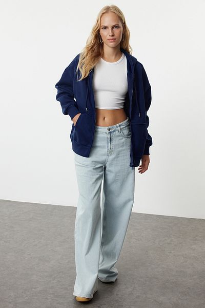Trendyol Collection Sötét sötétkék polár oversize pulóver - cipzáras, vastag belül TWOAW24SW00188