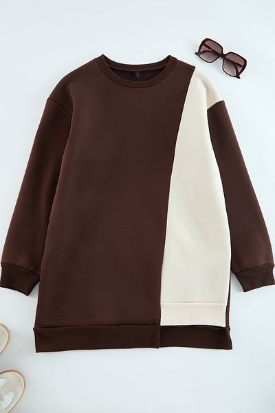 Trendyol Modest Übergroßes Sweatshirt mit Farbblock - Braun TCTAW25TW00007