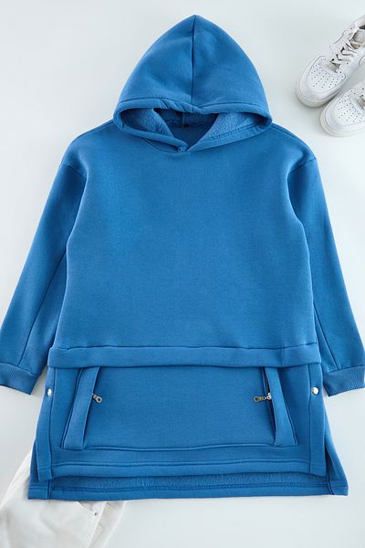 Trendyol Modest Πλεκτό φούτερ Indigo με κουκούλα - Λεπτομέρεια τσέπης Tctaw25tw00000