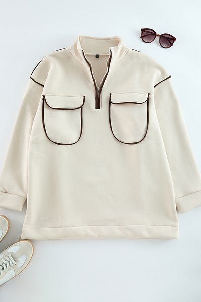 Trendyol Modest Übergroßes beiges Sweatshirt – Reißverschluss und Taschendetail TCTAW25TW00003
