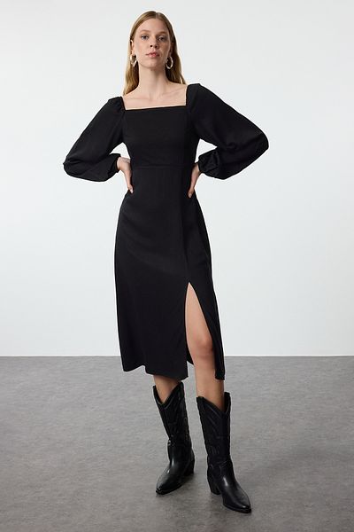Trendyol Collection Midi šaty do A – černé, čtvercový límec a detail s balonovým rukávem, Belmando Fabric Woven Twoaw25el00243