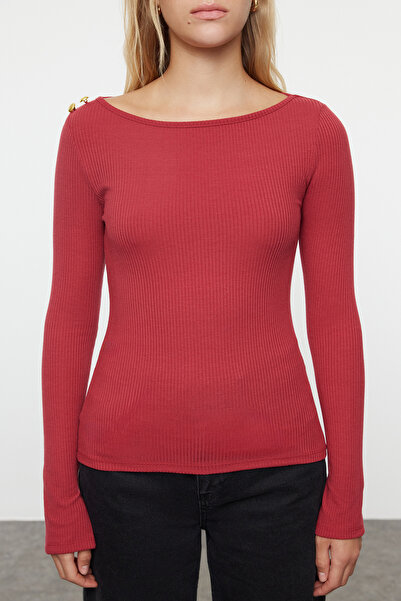 Trendyol Collection Stretchy CorDeD BurgunDy KnitteD Blouse - Long Sleeve with Button Detail TWOAW24BZ00052