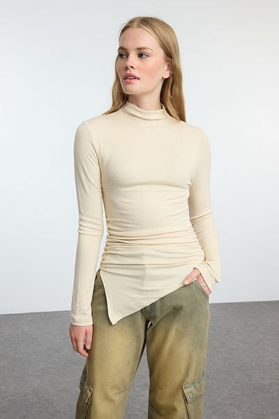 Trendyol Collection Πλεκτή μπλούζα Stand Collar Stone Fitted - Drape Detailed, TWOAW25BZ00145