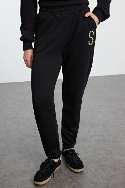 Trendyol Collection Μαύρο κεντημένο σετ φόρμας Jogger - Thick Basic TWOAW23EM00069