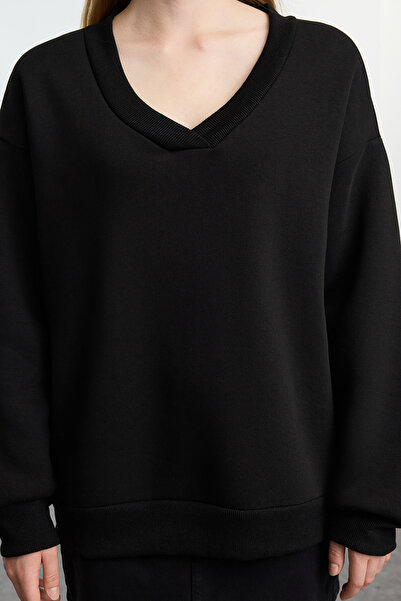 Trendyol Collection Черен плетен суитшърт с дебел полар отвътре - широка кройка TWOAW25sw00171