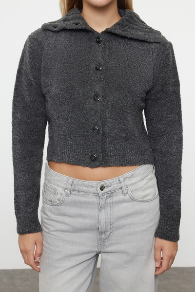 Trendyol Collection Anthracite Knitwear Crop Cardigan - Boucle Texture, Twoaw25Hi00146