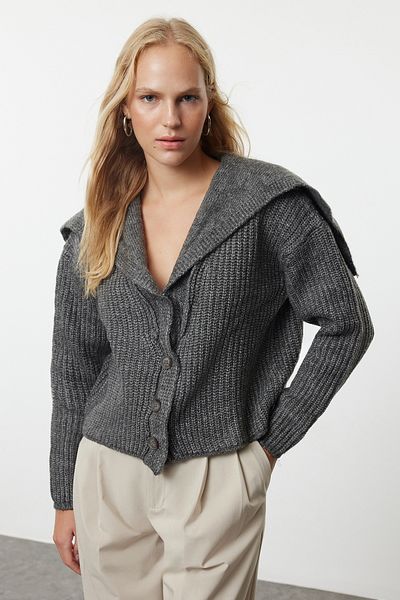 Trendyol Collection Turndown Collar Soft Knitwear Cardigan - Anthracite Premium Yarn Twoaw24Hi00060