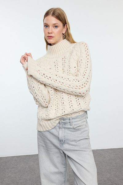 Trendyol Collection Wide Fit - Pulover din tricotaje ajurate cu textura de piatră, guler vertical TWOAW25KZ00319