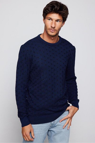 Tudors Pulover tricotat pentru bărbați, albastru bleumarin, slim fit, cu gâtul turn