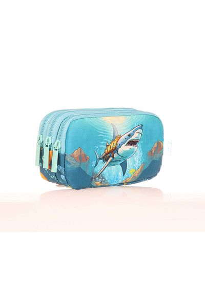 KAUKKO Boy's Green Fishes Pen Bag - Three Compartments