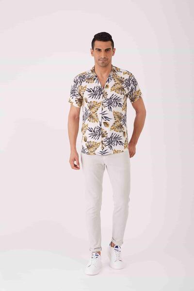 Dufy Ανδρικό πουκάμισο με μοτίβο φύλλων Extra Slim Fit - Μικτό χρώμα, γιακάς, κοντό μανίκι - 89446