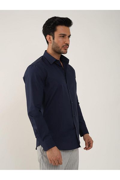 Dufy Ανδρικό πουκάμισο με λεπτή εφαρμογή Navy Blue, Απλό κλασικό πέτο, μακρύ μανίκι - 92858