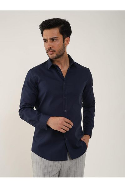 Dufy Ανδρικό πουκάμισο με λεπτή εφαρμογή Navy Blue, Απλό κλασικό πέτο, μακρύ μανίκι - 92858