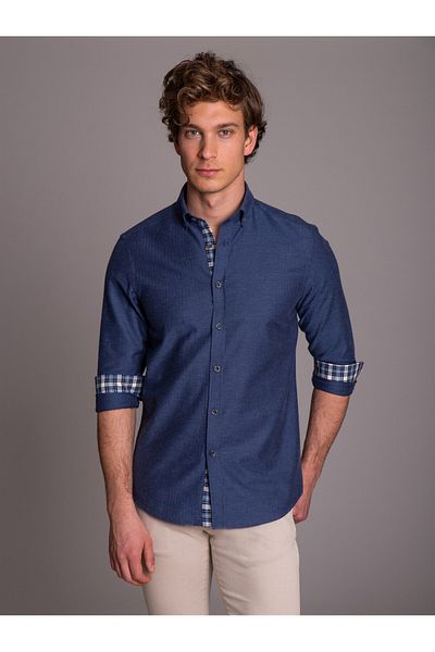 Dufy Men's Navy Blue Slim Fit Brent Shirt - Buttoned Collar, Long Sleeve - 52501