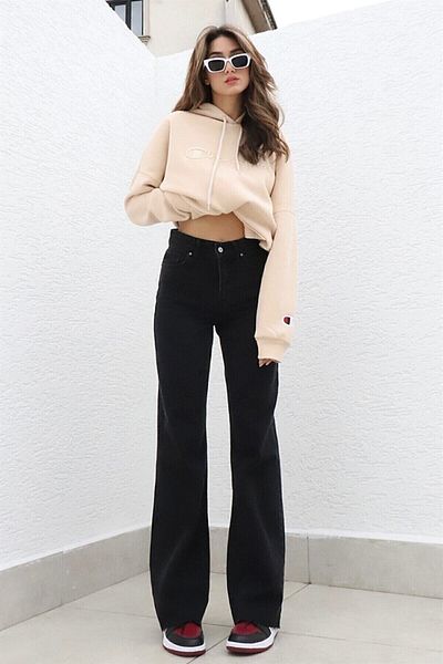 Geppetto Penolope Women's - 90s Black Lycra Palazzo Jeans, Loose Leg and Super High Waist