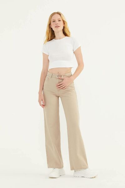 Geppetto Γυναικείο παντελόνι Palazzo Penolope σε μπεζ χρώμα - Φαρδύ και ψηλό κόψιμο