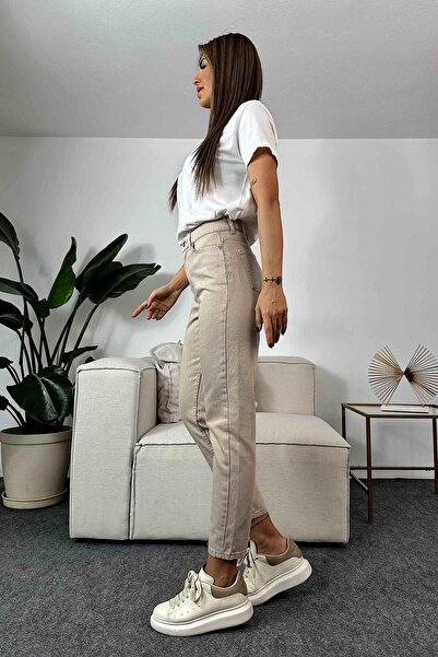 Geppetto High Waist Beige Women's Jeans - Penolope Mom Pants