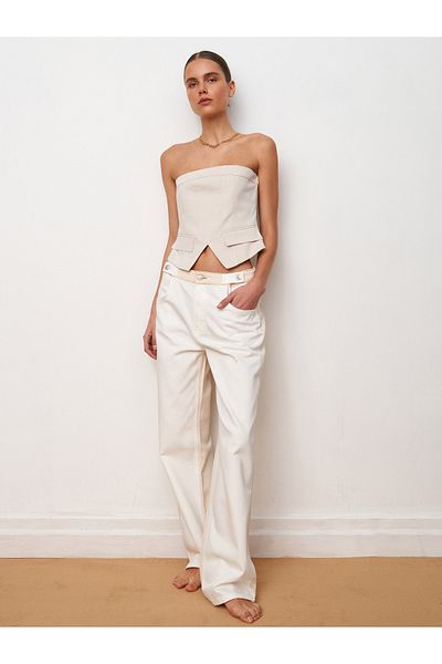 Dilvin 71444 Double Color Cotton Denim Trousers with Epaulettes on the Side - White
