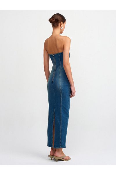 Dilvin 90535 Lycra Long Strapless Τζιν Φόρεμα-Τόν