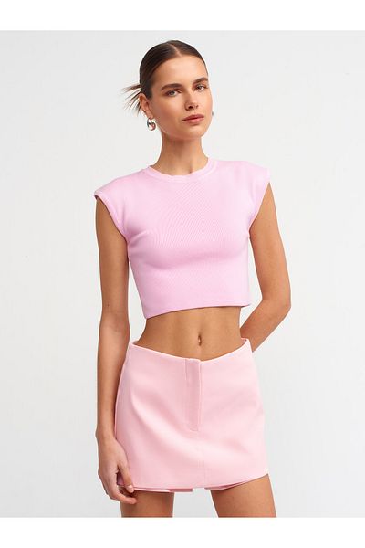 Dilvin 10525 Crew Neck Short Sleeve Knitwear Top-Pink