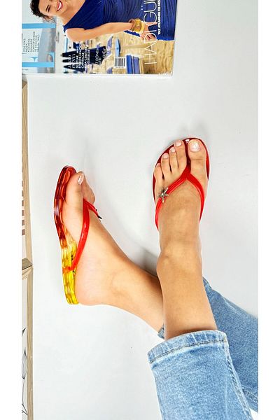 Nstil Yellow Red Women's Slippers - Flip Flop Gel Detailed, Flat Bottom Oval Toe C7