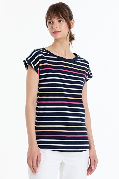 Kyron Tricou dublu cu mânecă joasă cu dungi 100% bumbac pentru femei - bleumarin