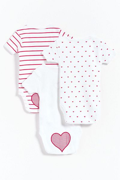 Gambino White 3-Piece Baby Girl Bodysuit - 100% Cotton, Striped and Heart Applique Detailed