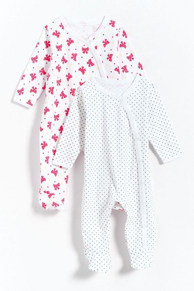 Gambino 100% Cotton Ribbon Printed Polka Dot Footed 2-Piece Baby Girl Romper - White