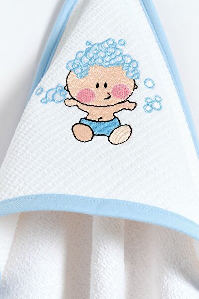 Gambino 100% Cotton Blue Bibed Embroidery Detailed Baby Boy Swaddle - White