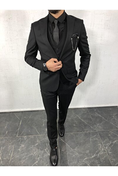 Fatih Zeyrek Erkek Dar Kesim Yelekli Takım Elbise - Siyah